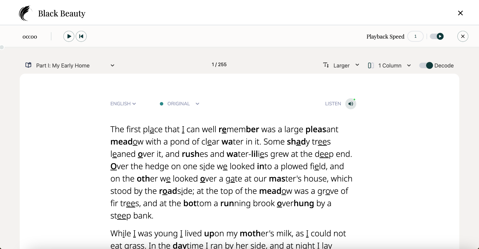 Adaptive Reader's Decode Mode showing Black Beauty with words broken into highlighted syllables