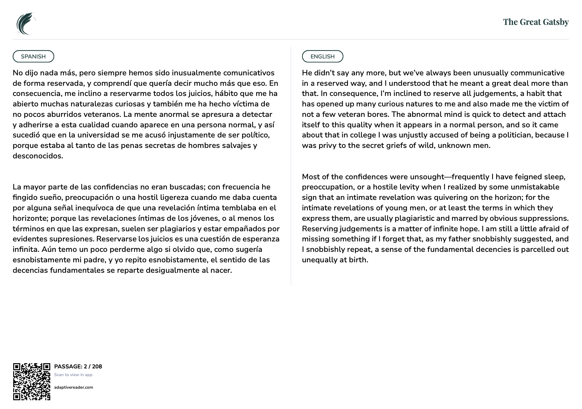 Adaptive Reader showing the same passage of The Great Gatsby in Spanish and English, side by side
