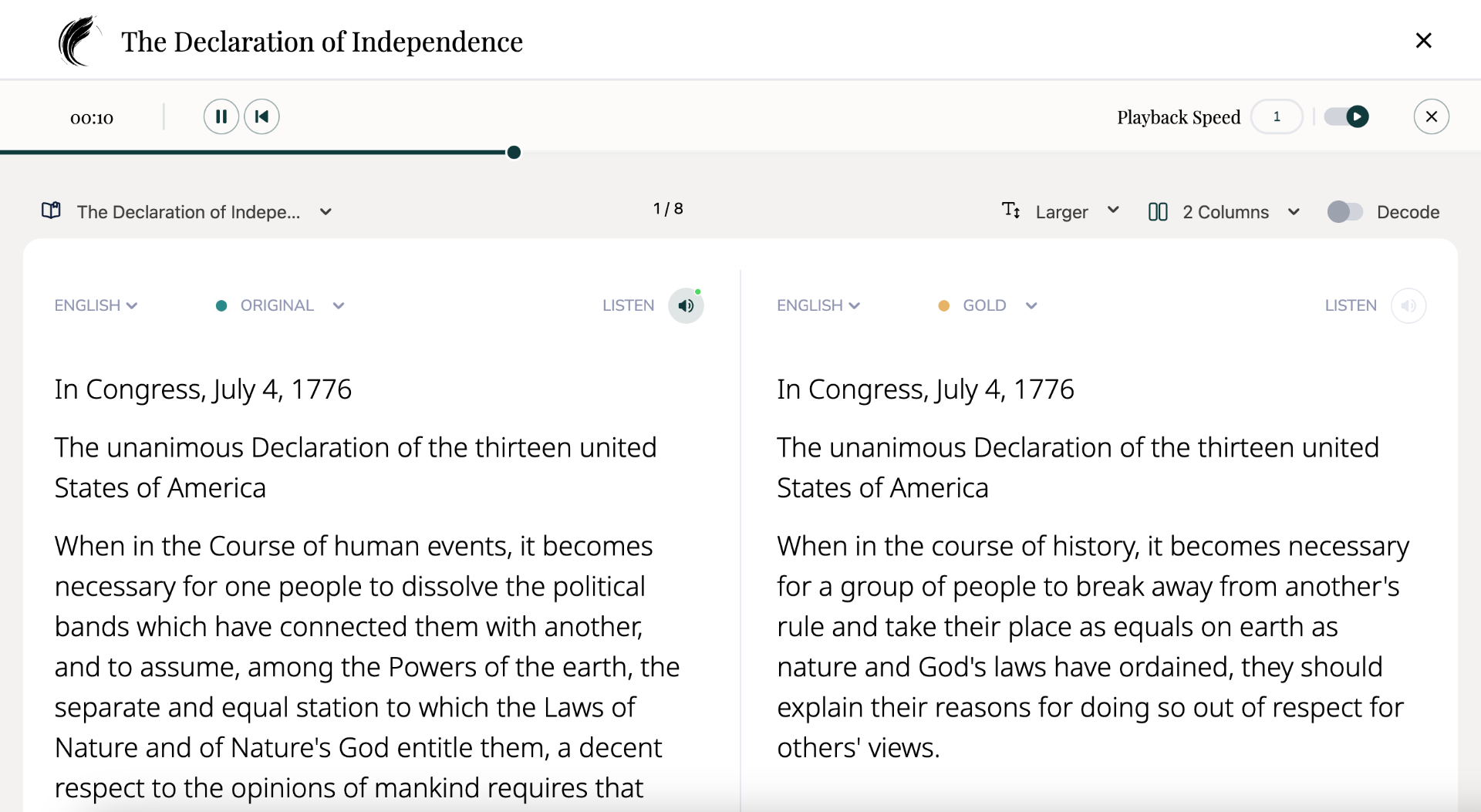 Adaptive Reader showing the Declaration of Independence at two reading levels side by side, with audio playback and a translation toggle